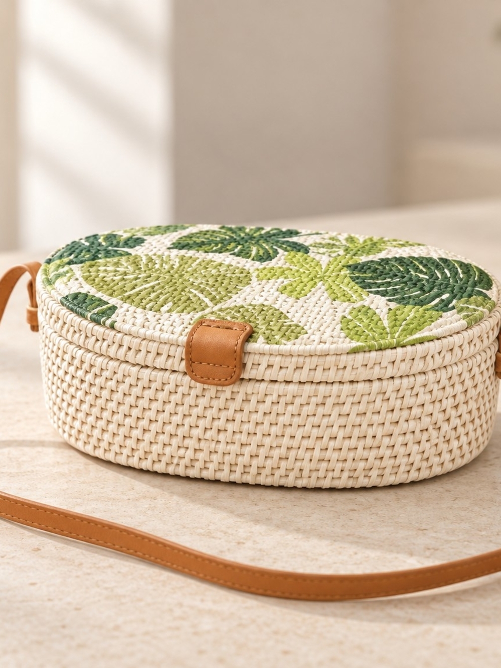 Woven Leaf Embroidered Crossbody Bag in Cream and Green